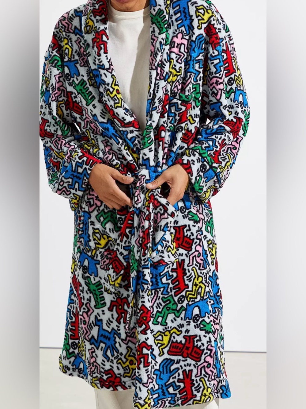 Colorful Pop Art Fleece Robe - Multicolor Keith Haring printed robe